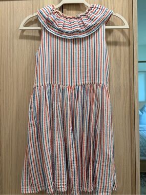 Morley Red, Blue & Cream Striped Ruffle Neck Dress